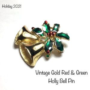 🆕Vintage Gold Red & Green Holly Bell Pin